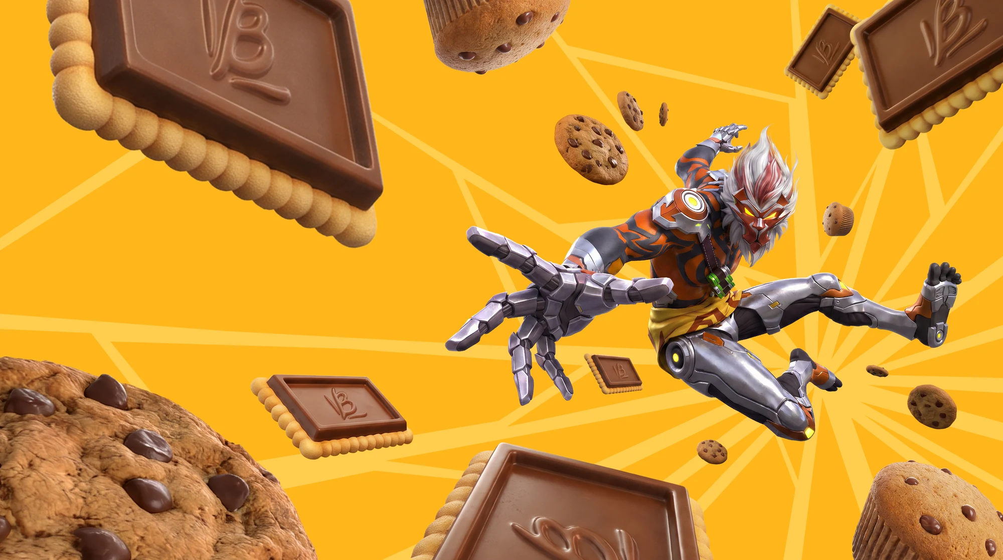 Personagem Free Fire entre biscoitos