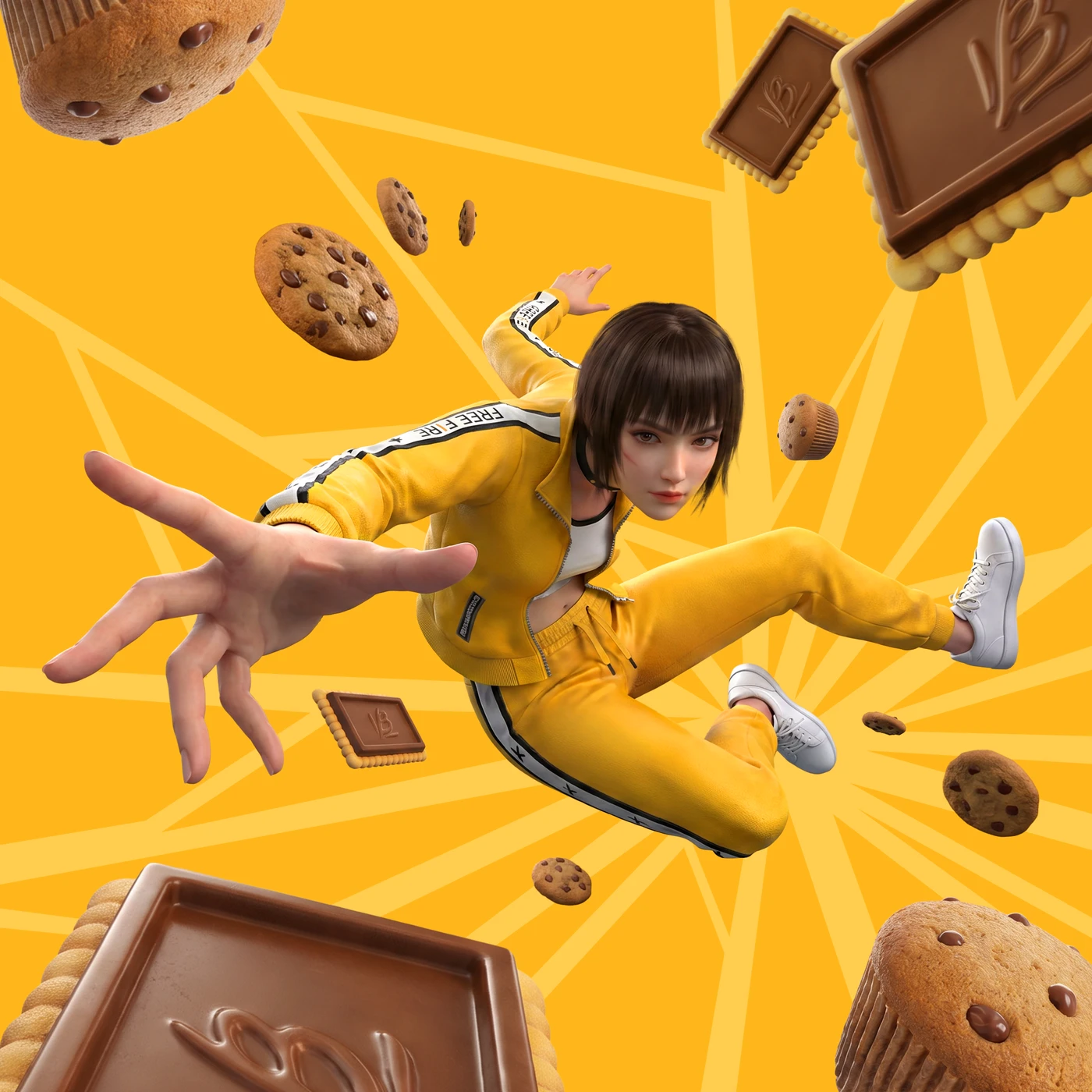 Personagem pulando entre biscoitos Bauducco